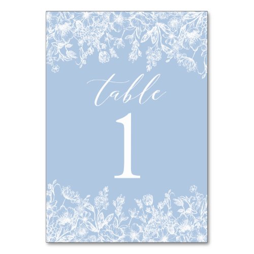 Modern Dusty Blue White Flowers Table Number Card