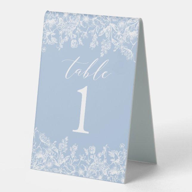 Modern Dusty Blue White Flowers Table Number Card Table Tent (Front)