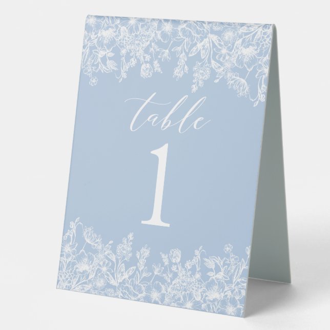 Modern Dusty Blue White Flowers Table Number Card Table Tent (Front)