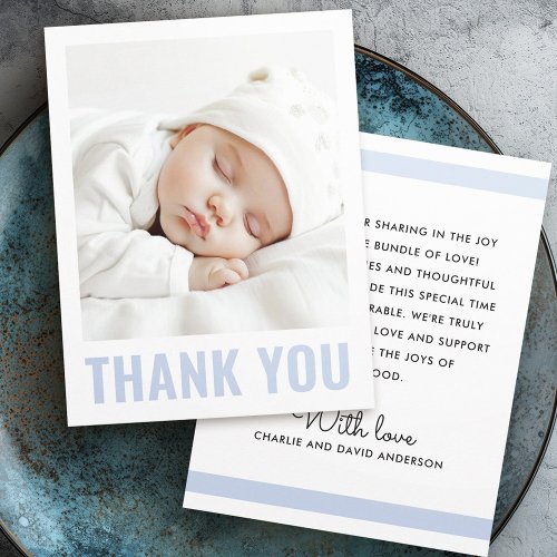 Modern dusty blue white new baby baptism photo  thank you card