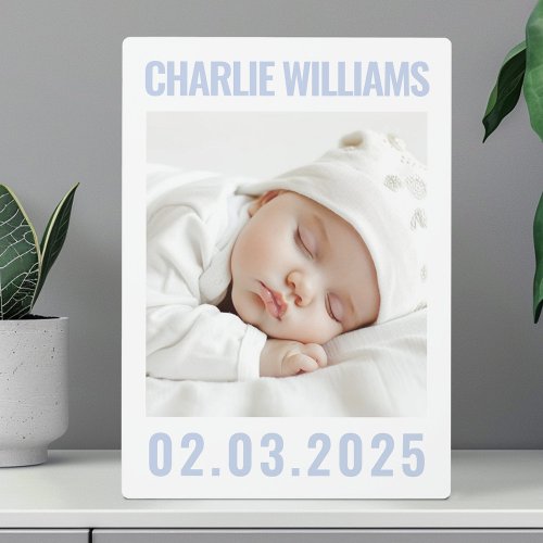 Modern dusty blue white new baby name date photo  plaque