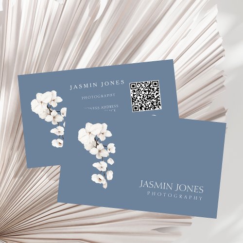 Modern Dusty Blue White Orchids QR Code Floral Business Card