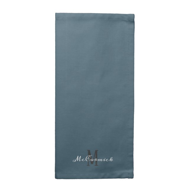 Modern Dusty Blue White Script Monogram Name Cloth Napkin (Half Fold)