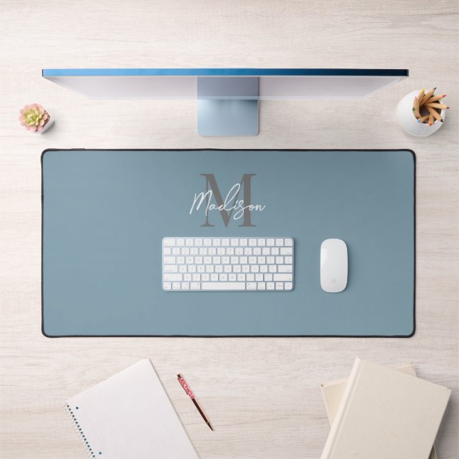 Modern Dusty Blue White Script Monogram Name Desk Mat (Office 1)