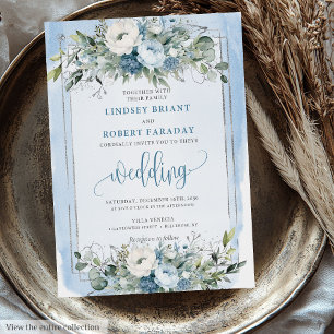 Modern Dusty Blue White Silver Roses Wedding Invitation