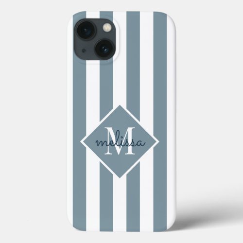 Modern Dusty Blue White Striped Elegant Monogram N iPhone 13 Case