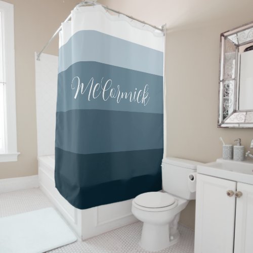 Modern Dusty Blue White Stripes Script Monogram  Shower Curtain