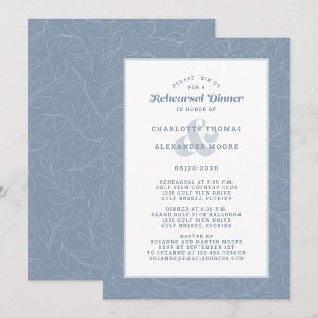 Modern Dusty Blue White Wedding Rehearsal Dinner Invitation (Front/Back)