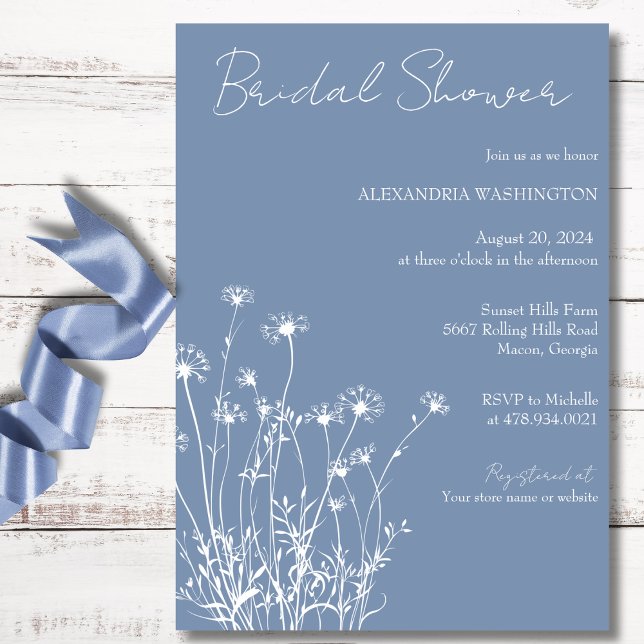 Modern Dusty Blue & White Wildflower Bridal Shower Invitation (Creator Uploaded)