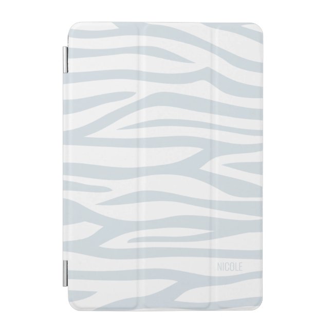 Modern Dusty Blue White Zebra Print Personalized iPad Mini Cover (Front)