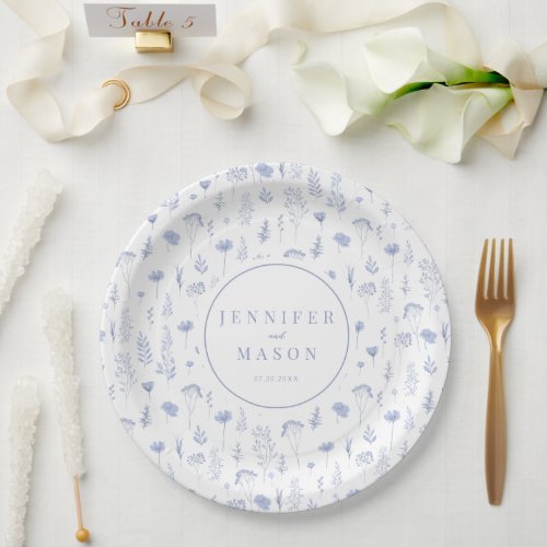 Modern dusty blue wildflower wedding paper plates