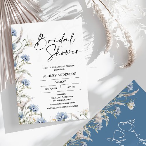 Modern Dusty Blue Wildflowers Bridal Shower  Invitation