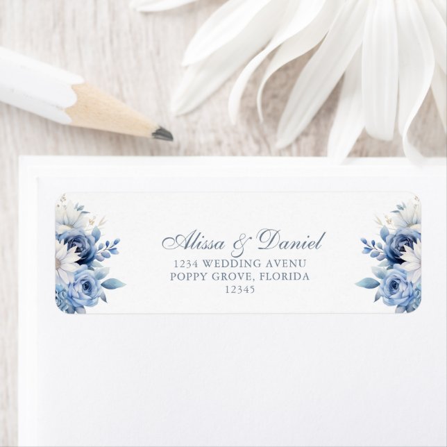 Modern Dusty Blue Wildflowers Wedding Address Label (Insitu)