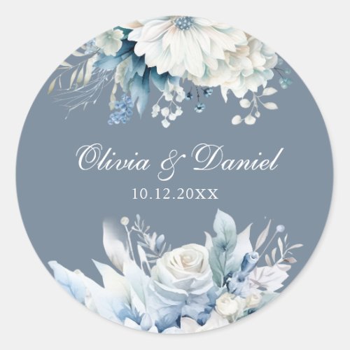 Modern Dusty Blue Wildflowers Wedding Classic Round Sticker