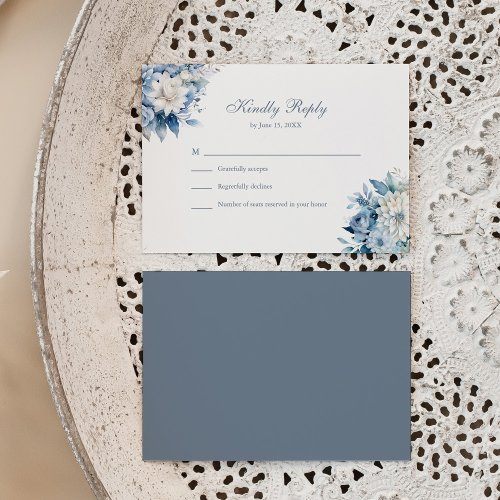 Modern Dusty Blue Wildflowers Wedding RSVP Card