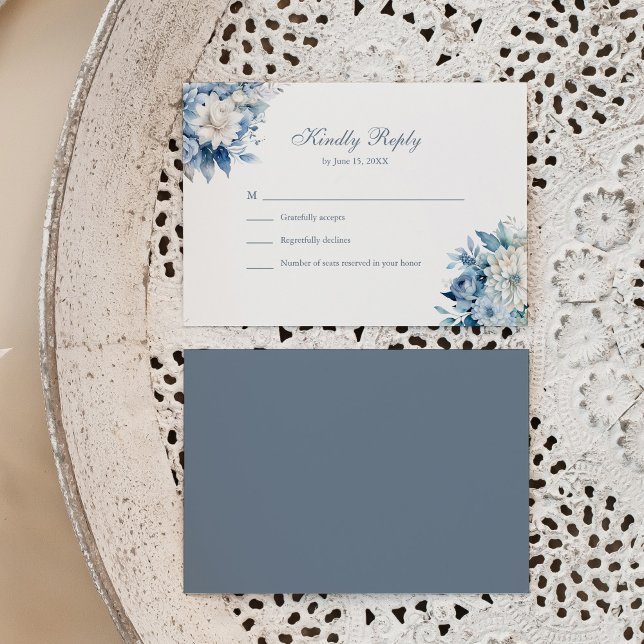 Modern Dusty Blue Wildflowers Wedding RSVP Card (Modern Dusty Blue Wildflowers Wedding RSVP Card on a neutral boho plate.)