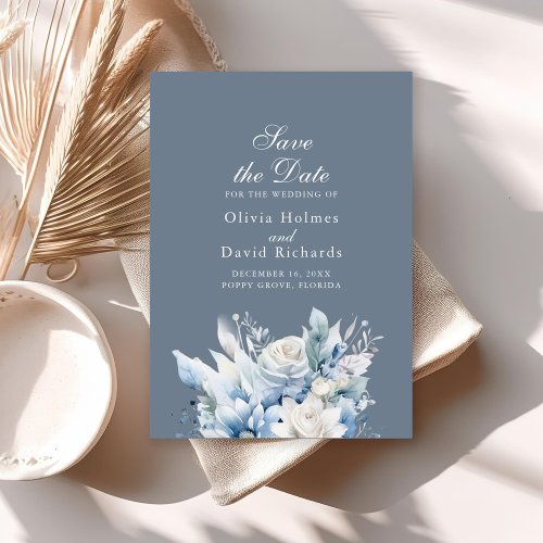 Modern Dusty Blue Wildfower Save the Date Card