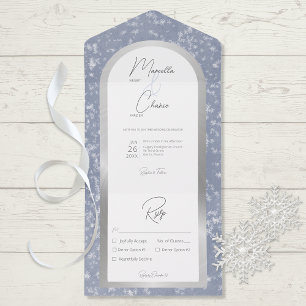 Modern Dusty Blue & Winter Snow Silver Dinner All In One Invitation