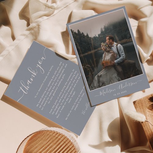 Modern Dusty Blue with Two Photo Wedding Thank You Card
