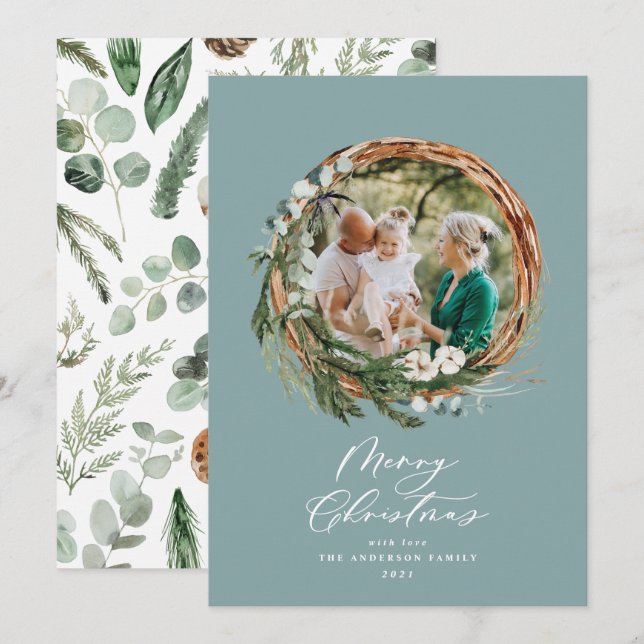 Modern dusty blue wreath Christmas script 1 photo Holiday Card (Front/Back)