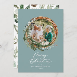 Modern dusty blue wreath Christmas script 1 photo Holiday Card
