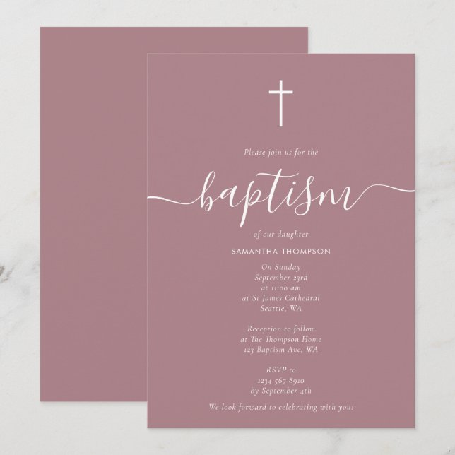 Modern Dusty Blush Rose Pink Christening Baptism  Invitation (Front/Back)