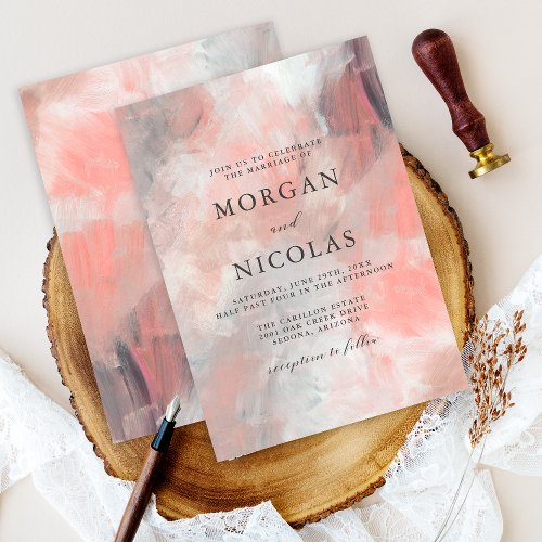 Modern Dusty Coral Abstract Brush Strokes Wedding Invitation