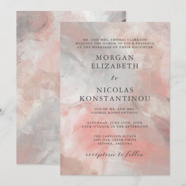 Modern Dusty Coral Abstract Brush Strokes Wedding Invitation (Front/Back)