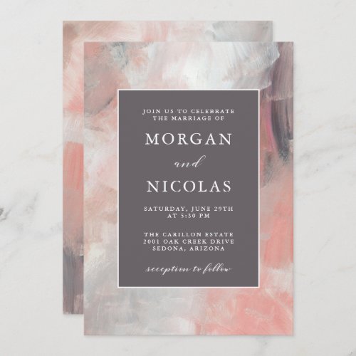 Modern Dusty Coral and Gray Brush Strokes Wedding Invitation