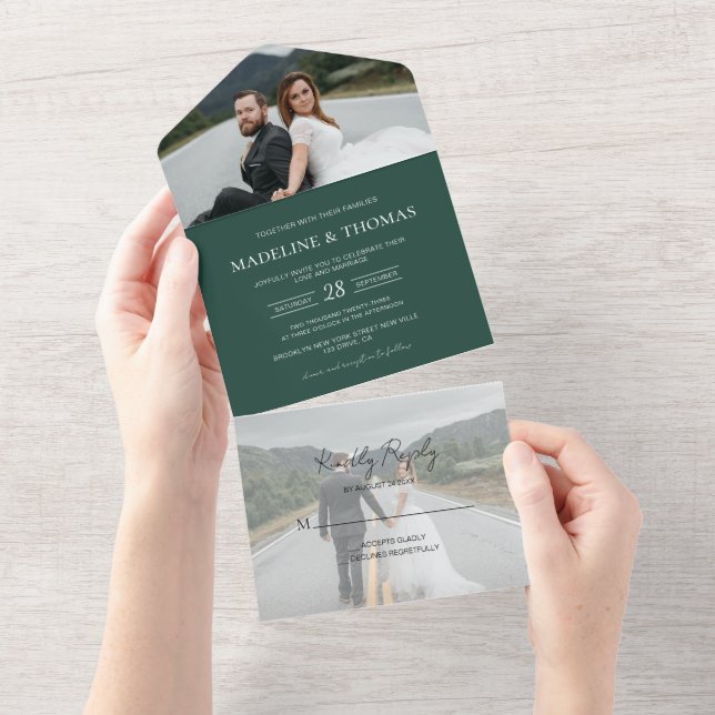 Modern Dusty Green 2 Photo RSVP Wedding All In One Invitation (Tearaway)