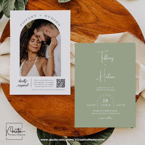 Modern Dusty Green Boho Wedding Arch Photo QR Code Invitation