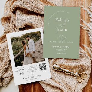 Modern Dusty Green Boho Wedding Photo QR Code RSVP Invitation