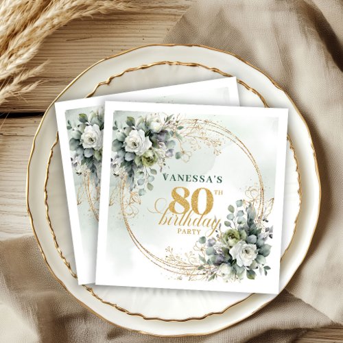 Modern Dusty Green Botanical 80th Birthday Napkins