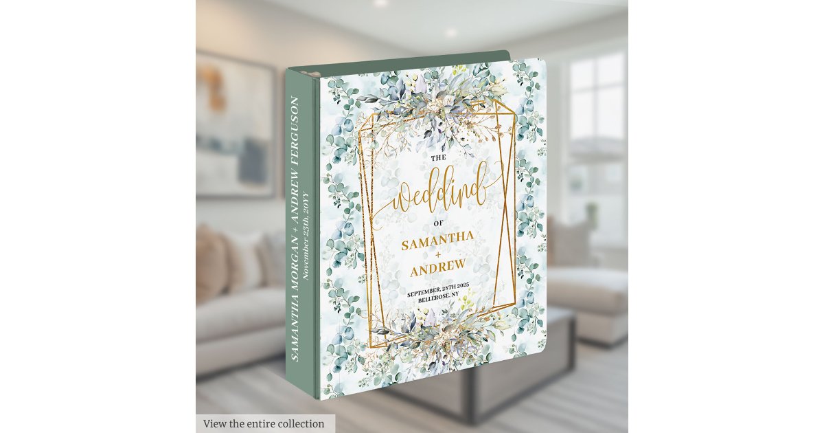 Modern Dusty Green Gold Foliage Wedding Memory 3 Ring Binder | Zazzle