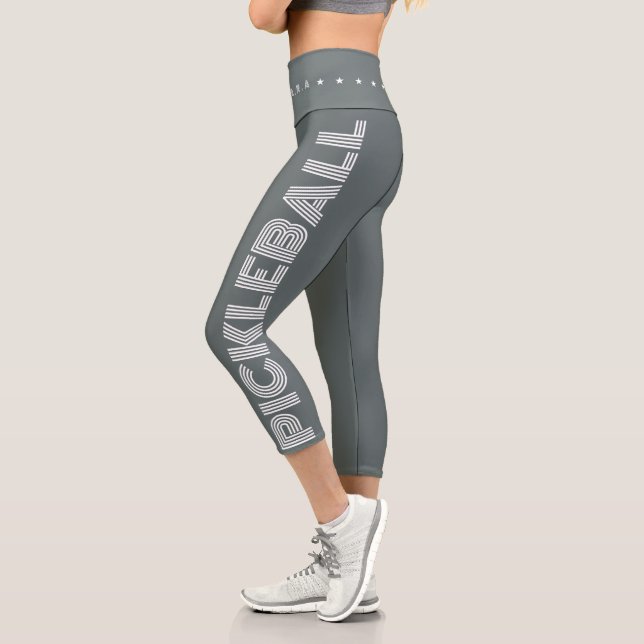 Modern Dusty Grey Pickleball  Capri Leggings (Left)
