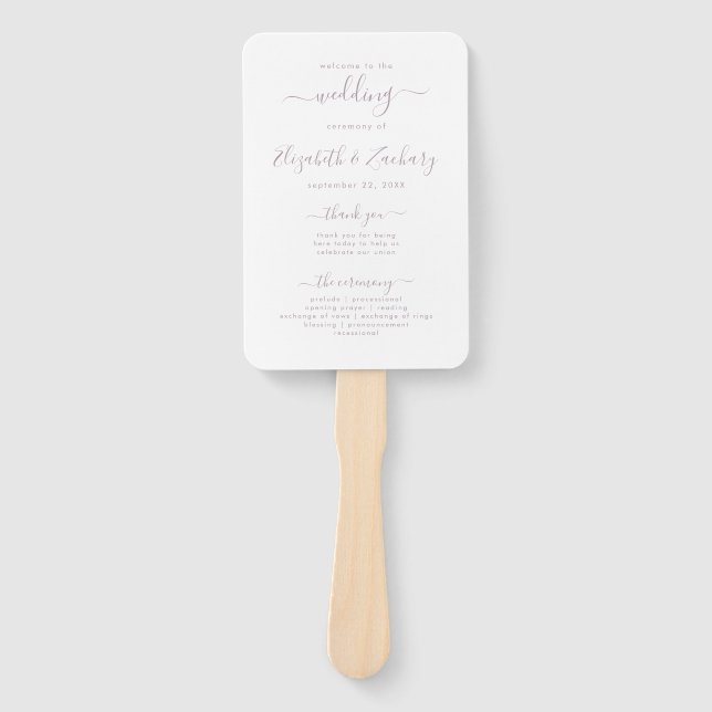 Modern Dusty Lavender Script Wedding Program Hand Fan (Front)