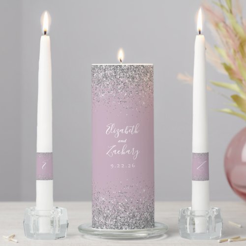 Modern Dusty Lilac Silver Glitter Edge Unity Candle Set