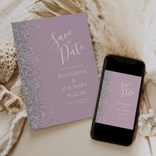 Modern Dusty Lilac Silver Glitter Save the Date Announcement