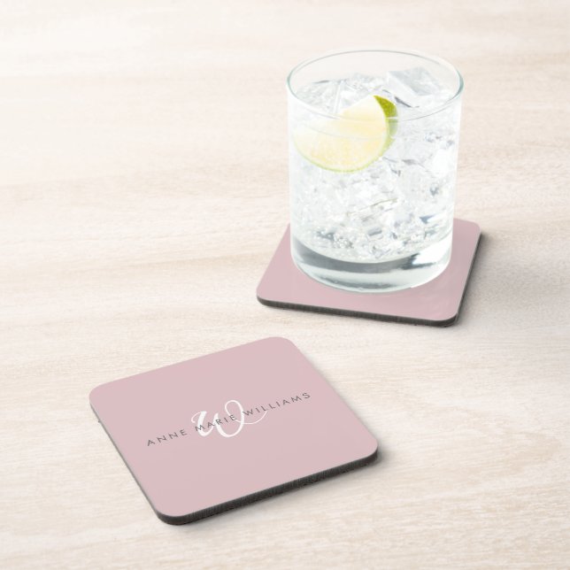 Modern Dusty Lilac White Script Monogram Beverage Coaster (Right Side)