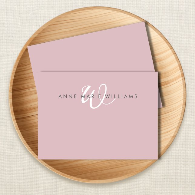 Modern Dusty Lilac White Script Monogram Note Card (Creator Uploaded)