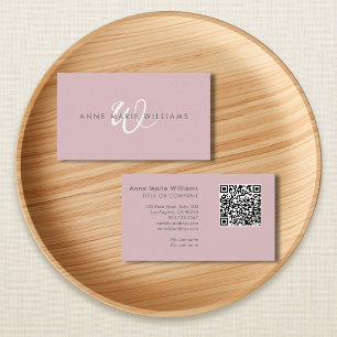 Modern Dusty Lilac White Script Monogram QR Code Business Card