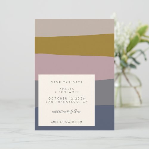 Modern Dusty Mauve and Blue Color Block Minimalist Save The Date