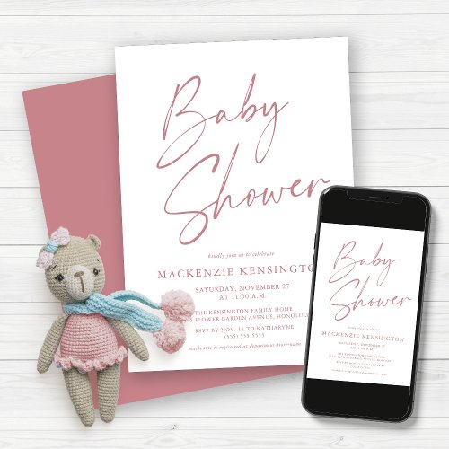 Modern Dusty Mauve Pink Script Baby Girl Shower Invitation