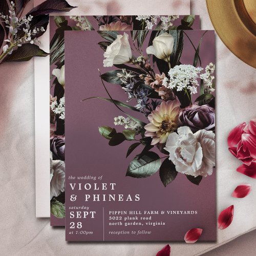 Modern Dusty Mauve Purple  Elegant Floral Wedding Invitation