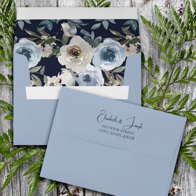 Modern Dusty & Navy Blue Floral Classic Wedding Envelope (Creator Uploaded)