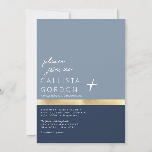 Modern Dusty Navy Blue Gold Color Block Wedding Invitation (Front)