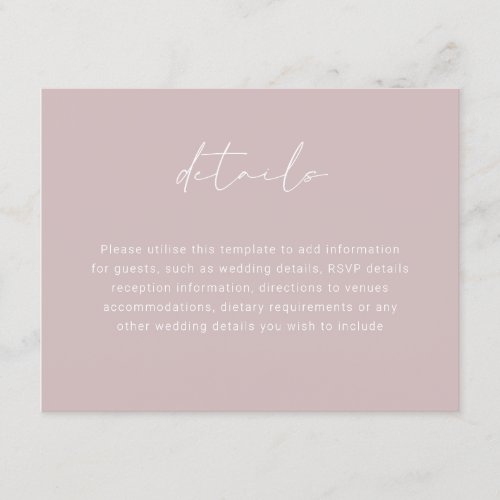 Modern Dusty Pink Blush Script Wedding Details Enclosure Card