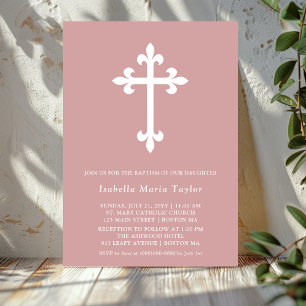 Modern Dusty Pink Cross Baptism Invitation