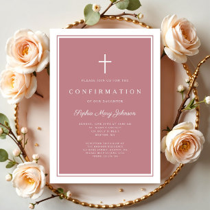Modern Dusty Pink Cross Girl Confirmation Invitation
