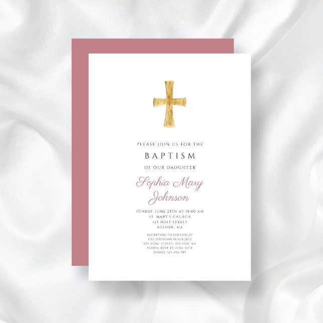 Modern Dusty Pink Cross Religious Girl Baptism Invitation (Modern Dusty Pink Cross Religious Girl Baptism Invitation)
